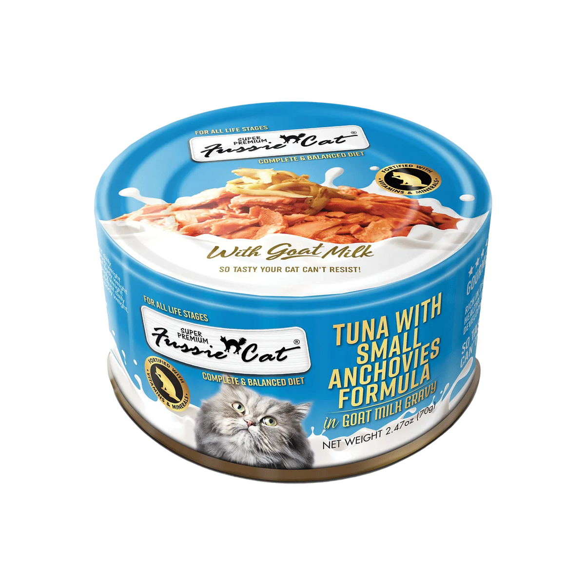 Fussie Cat Tuna with Small Anchovies in Goat Milk Gravy can (blue)