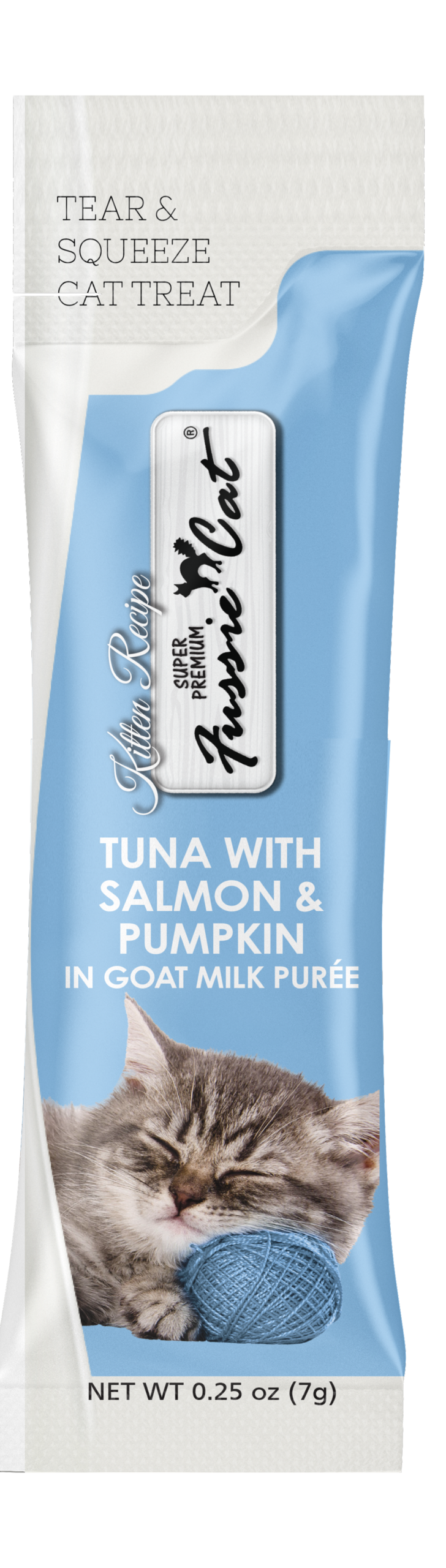 Fussie Cat Kitten Tuna with Salmon & Pumpkin Goat Milk Purée lickable cat treat