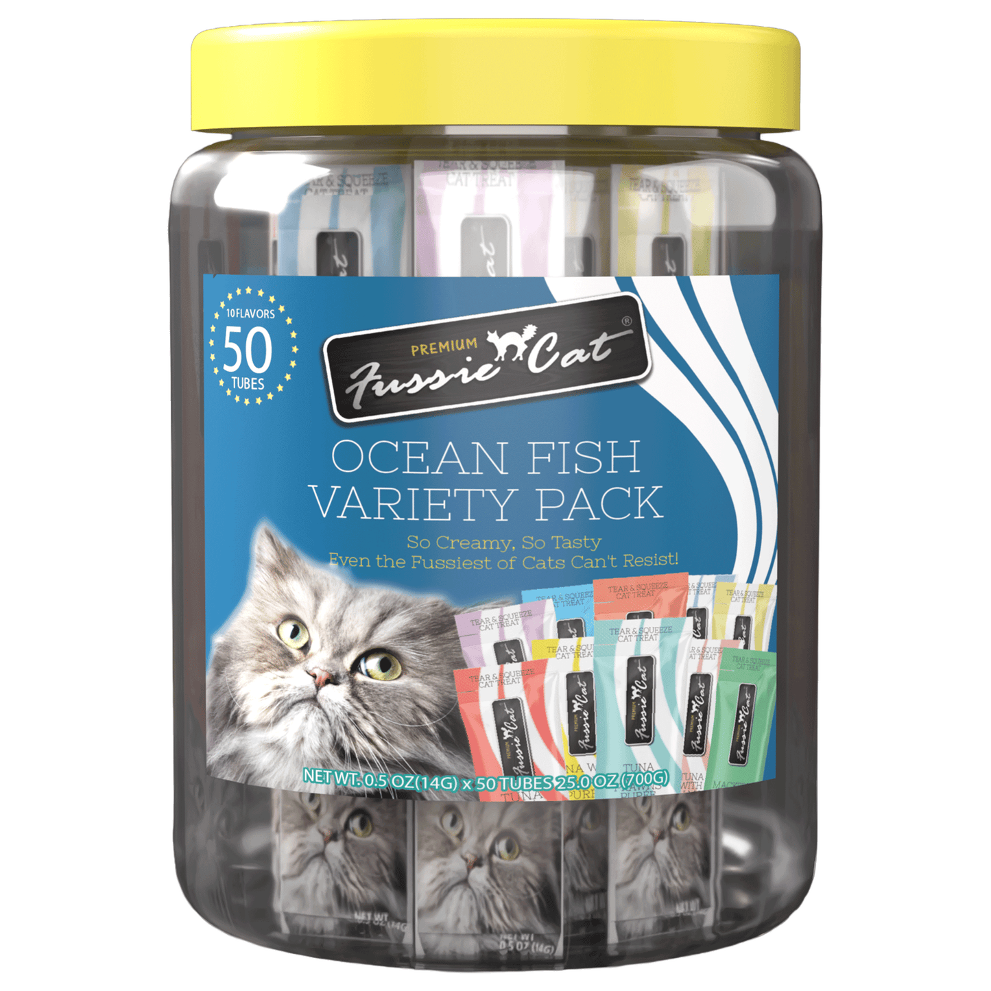 FussieCat Puree Ocean Fish Variety Pack, 10 Flavors, 50ct Tub