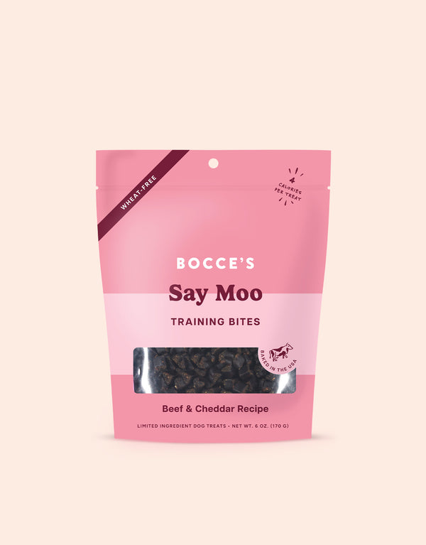 Bocce's Bakery Say Moo Training Bites front of bag