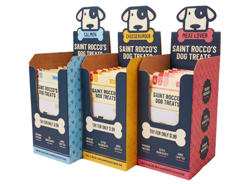 Saint Rocco's trial size display - Salmon, Cheeseburger, Meat Lover